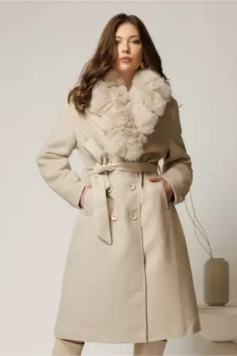 Palton ivoar midi drept cu blanita la guler