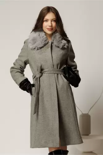 Palton midi gri cu blanita la guler si strassuri