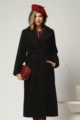 Palton negru din bucle cu croi drept si cordon in talie