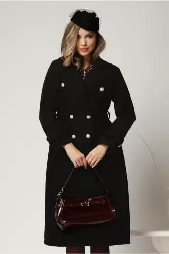 Palton negru din bucle cu nasturi si cordon in talie