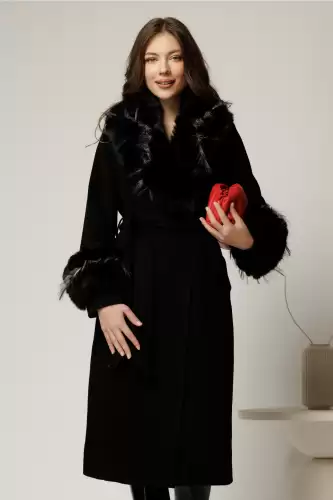 Palton negru midi cu blanita la maneci si cordon in talie