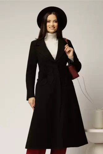 Palton negru midi elegant cu floare pe talie