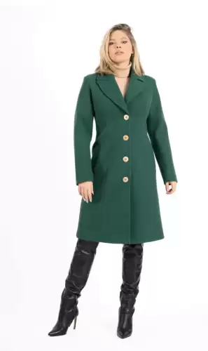 Palton verde cambrat cu nasturi metalici si buzunare laterale