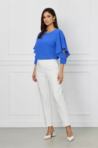 Pantaloni Atena albi cu catarame in talie