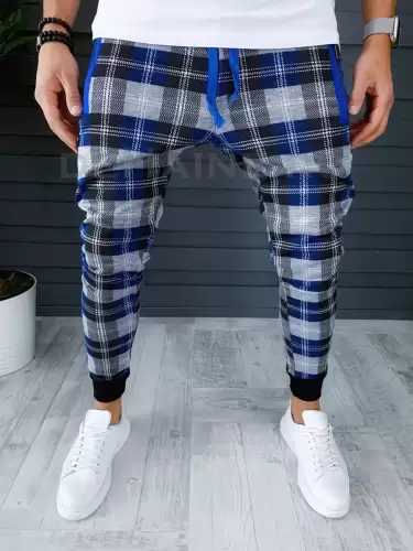 Pantaloni barbati albastri in carouri smart casual ZR 19066