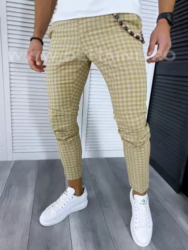 Pantaloni barbati casual regular fit bej in carouri B1589 I13-4