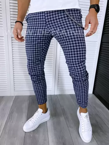 Pantaloni barbati casual regular fit bleumarin in carouri B1589 F7-5