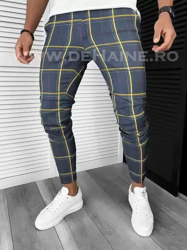 Pantaloni barbati casual regular fit bleumarin in carouri B7841  i18-4.3