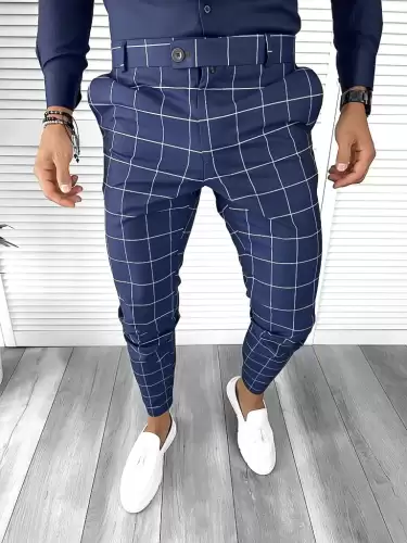 Pantaloni barbati casual regular fit bleumarin in carouri B7880 F1-2.2