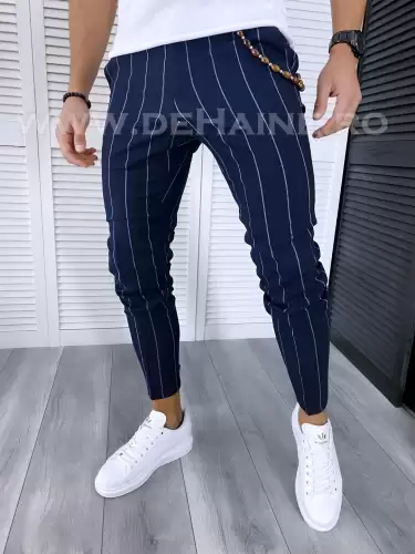 Pantaloni barbati casual regular fit bleumarin in dungi B5777 99-2