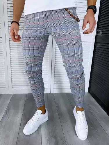 Pantaloni barbati casual regular fit gri in carouri B1561 B-7