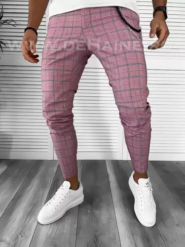 Pantaloni barbati casual regular fit roz in carouri B7873 12-3 E ~