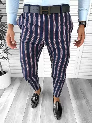 Pantaloni barbati eleganti bleumarin cu dungi B1603   Z35-1