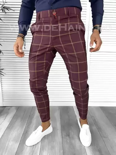 Pantaloni barbati eleganti grena in carouri B1761 P19-7