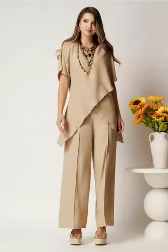 Pantaloni bej din rayon cu croi lejer si elastic in talie