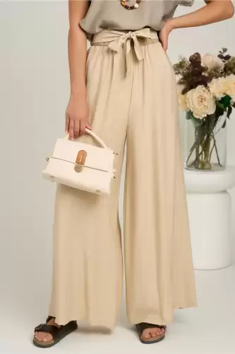 Pantaloni bej evazati din viscoza cu elastic si cordon in talie