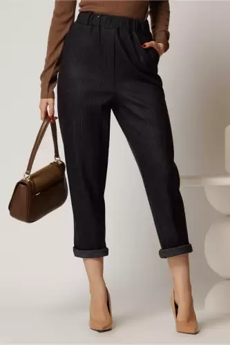 Pantaloni bleumarin casual cu imprimeu si elastic la talie