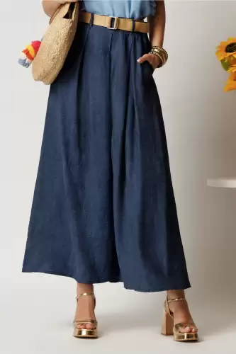 Pantaloni bleumarin din viscoza tip fusta cu buzunare si cordon in talie