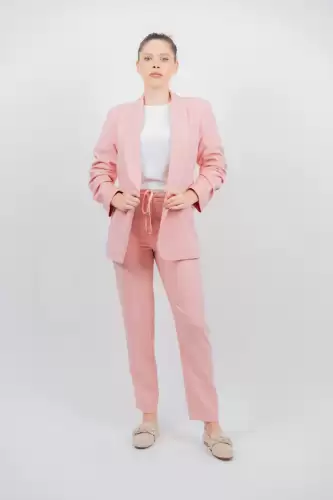 Pantaloni dama casual roz prafuit prevazuti cu elastic si snur la talie