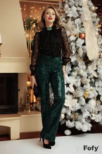 Pantaloni de ocazie Fofy din catifea cu paiete verzi