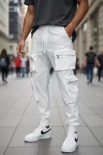 Pantaloni de trening cargo  albi  conici Y308 P20-4.1