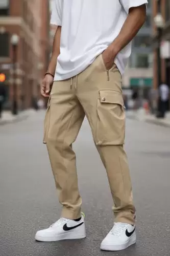 Pantaloni de trening cargo  bej  conici Y196 P19-4.3