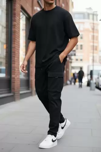 Pantaloni de trening cargo negri conici Y198 O2-3.2
