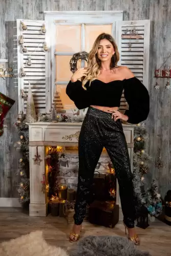 Pantaloni din paiete conic usor incretit la talie