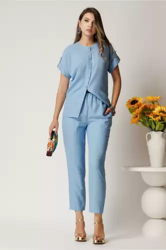 Pantaloni DY Fashion bleu din material vaporos cu elastic in talie si buzunare