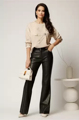 Pantaloni DY Fashion din piele ecologica kaki evazati