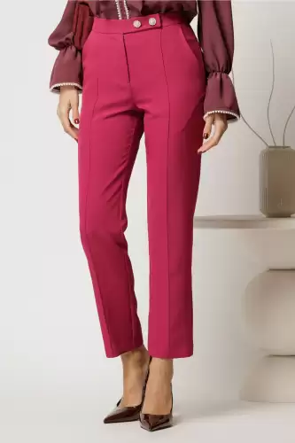 Pantaloni DY Fashion fucsia conici din stofa cu nasturi eleganti
