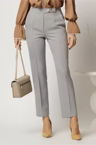 Pantaloni DY Fashion gri conici din stofa cu nasturi eleganti