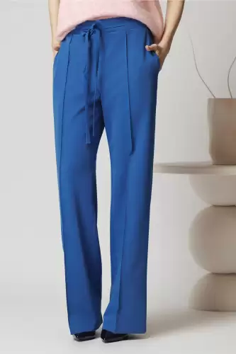 Pantaloni DY Fashion office din stofa albastri cu snur in talie