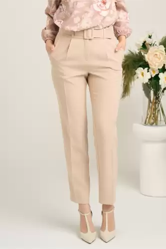 Pantaloni DY Fashion office din stofa bej cu buzunare si curea in talie