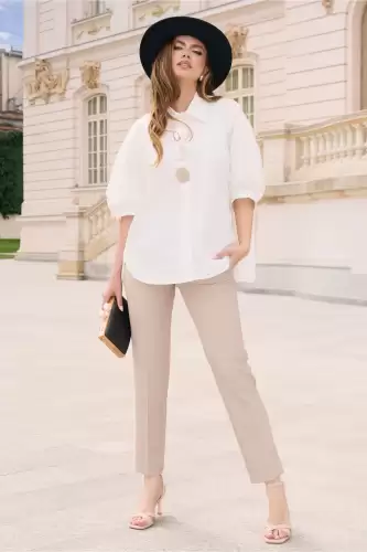 Pantaloni DY Fashion office din stofa bej cu buzunare