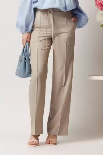 Pantaloni DY Fashion office din stofa bej cu snur in talie