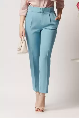 Pantaloni DY Fashion office din stofa bleu cu buzunare si curea in talie