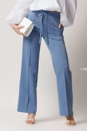 Pantaloni DY Fashion office din stofa bleu cu snur in talie