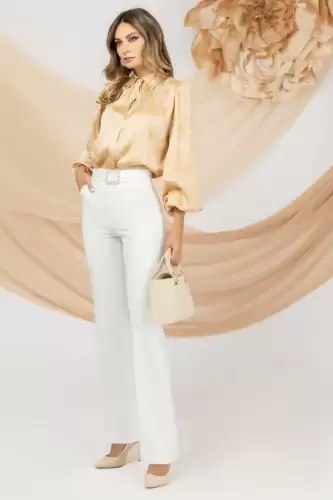 Pantaloni ecru eleganti Pretty Girl evazati cu talie inalta