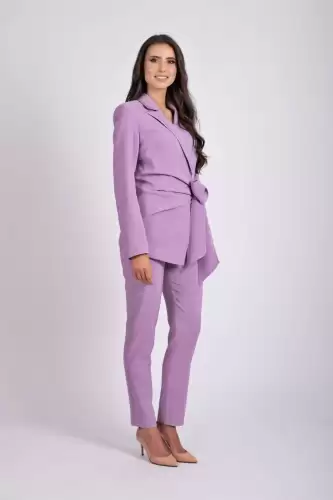 Pantaloni eleganti lila cu croi conic si talie inalta