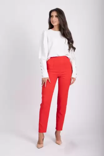 Pantaloni eleganti pana cu talie inalta de culoare corai