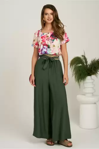 Pantaloni kaki evazati din viscoza cu elastic si cordon in talie