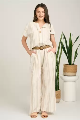 Pantaloni lejeri ivory cu dungi bej si curea in talie