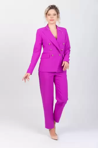 Pantaloni lungi mov cu talie inalta si buzunare laterale