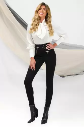 Pantaloni negri Pretty Girl tip colant cu stele aurii decorative