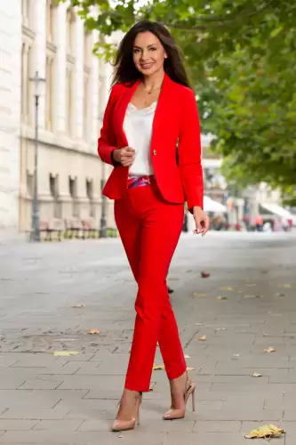 Pantaloni office dama rosii cu betelie imprimata