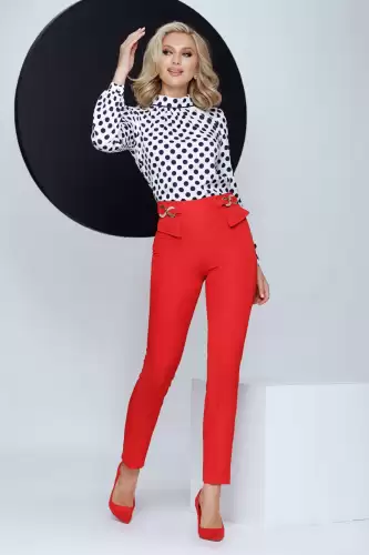 Pantaloni office Fofy rosii cu talie inalta catarame si clape decorative