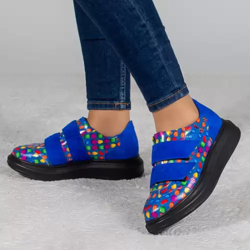 Pantofi casual Blue Candy Crush din piele cu barete