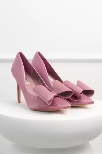 Pantofi roz din material satinat cu funda maxi pe varf