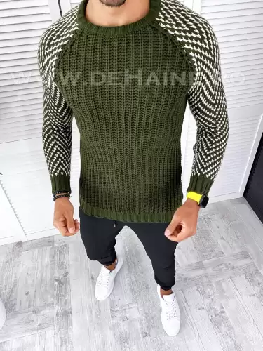 Pulover barbati gros kaki slim fit T3610 P19-4.3